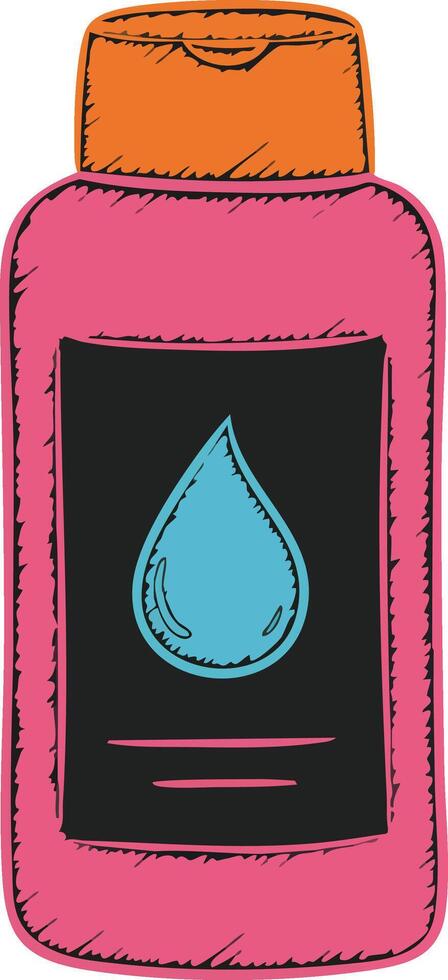 Pink bottle with orange cap and blue water drop label illustration for cosmetic or hygiene product design vector