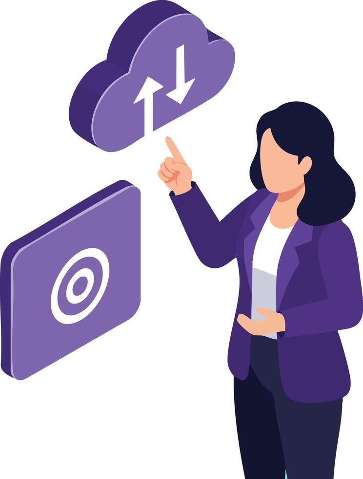 Woman using cloud storage technology for uploading and downloading data in modern digital workflow illustration vector
