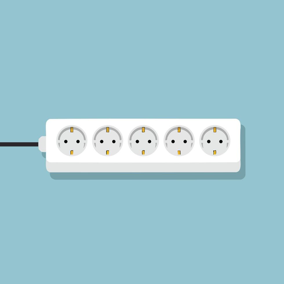 Electric power strip with five sockets on blue background illustration for energy distribution and device connection vector