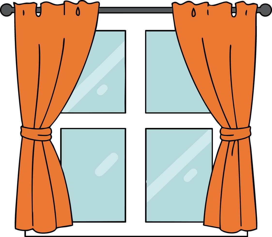 Window with orange curtains and tied back drapes in simple home interior design illustration vector