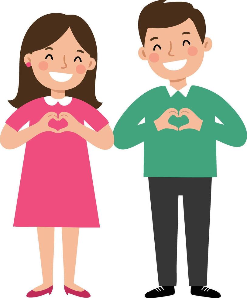 Smiling man and woman making heart shape with hands friendly couple illustration in casual clothes vector