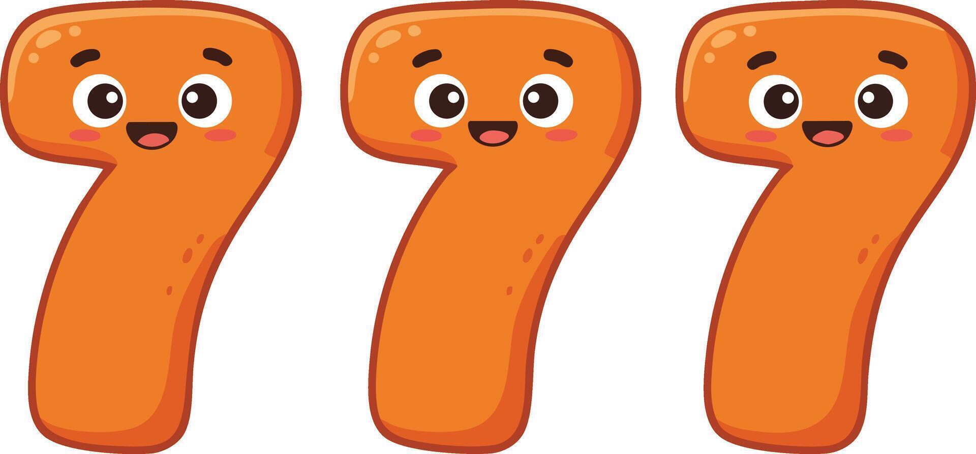 Cute orange cartoon number seven characters with happy faces illustration for kids learning and fun education materials vector