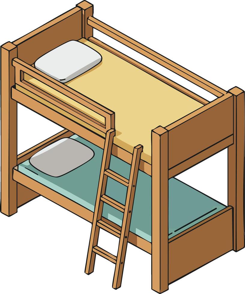 Wooden bunk bed with ladder and pillows in isometric style for bedroom furniture design illustration vector