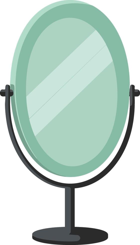 Oval standing mirror with black frame and light green glass reflection illustration for home decor and vanity setup vector