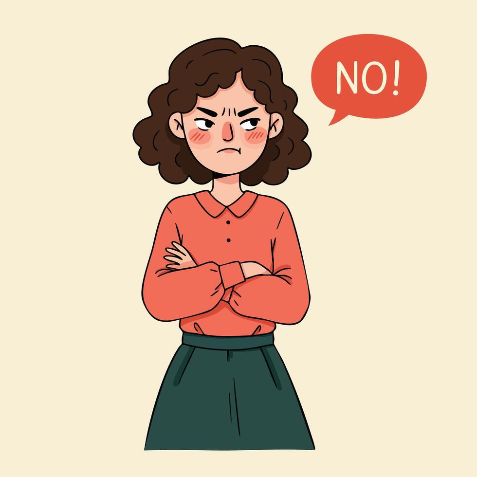 Angry woman with crossed arms saying no in red blouse and green skirt illustration vector