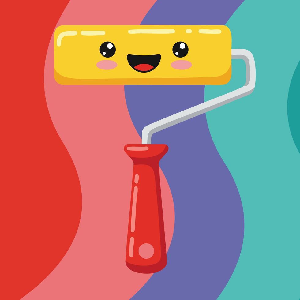 Cute smiling paint roller with red handle and yellow roller painting colorful background illustration vector