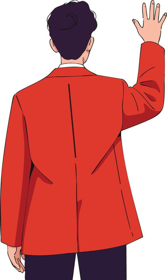 Man in red jacket waving hand from behind illustration with casual gesture and dark hair hairstyle vector