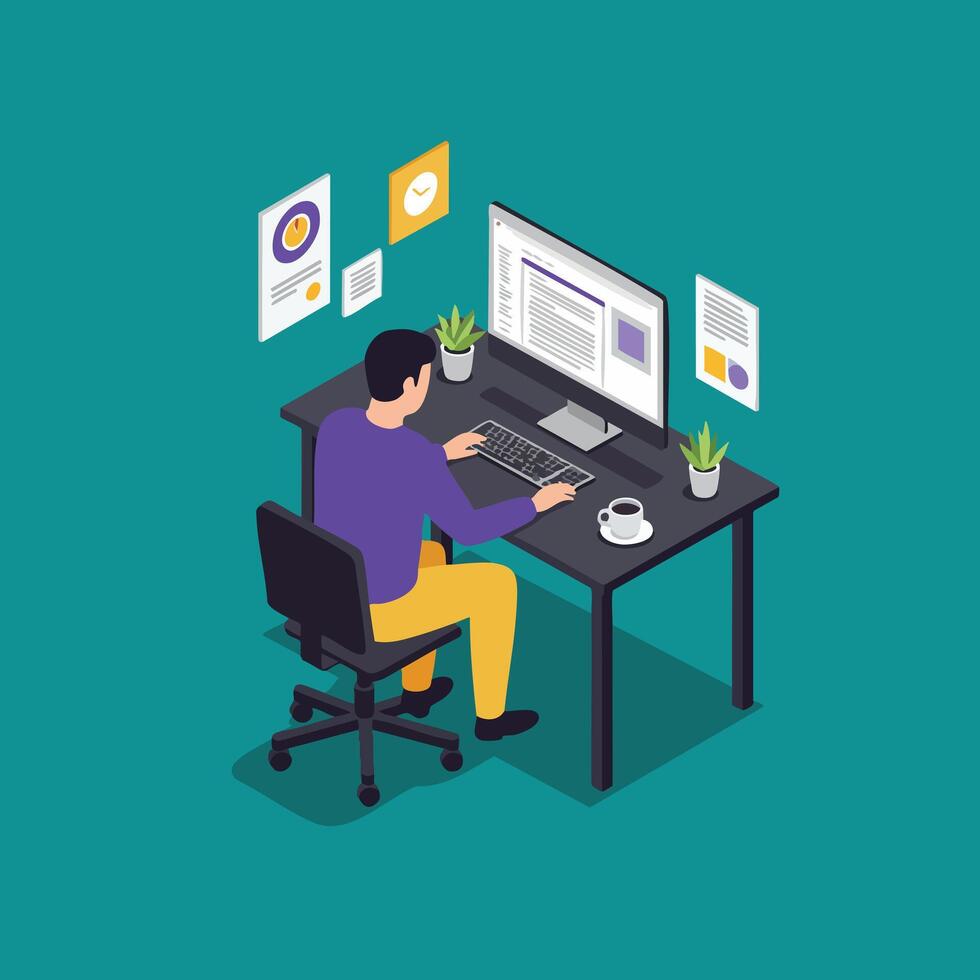 Man working on computer at desk with coffee cup and plants in office workspace illustration vector
