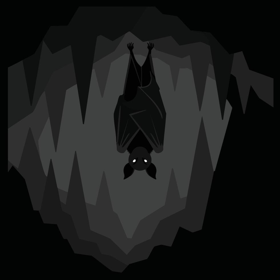 Bat hanging upside down in dark cave silhouette with glowing eyes illustration vector