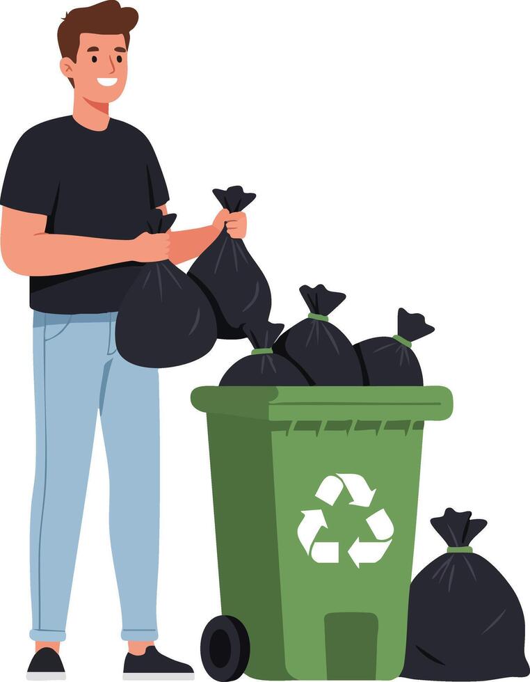 Man carrying black garbage bags to green recycling bin for waste disposal and environmental cleanliness illustration vector