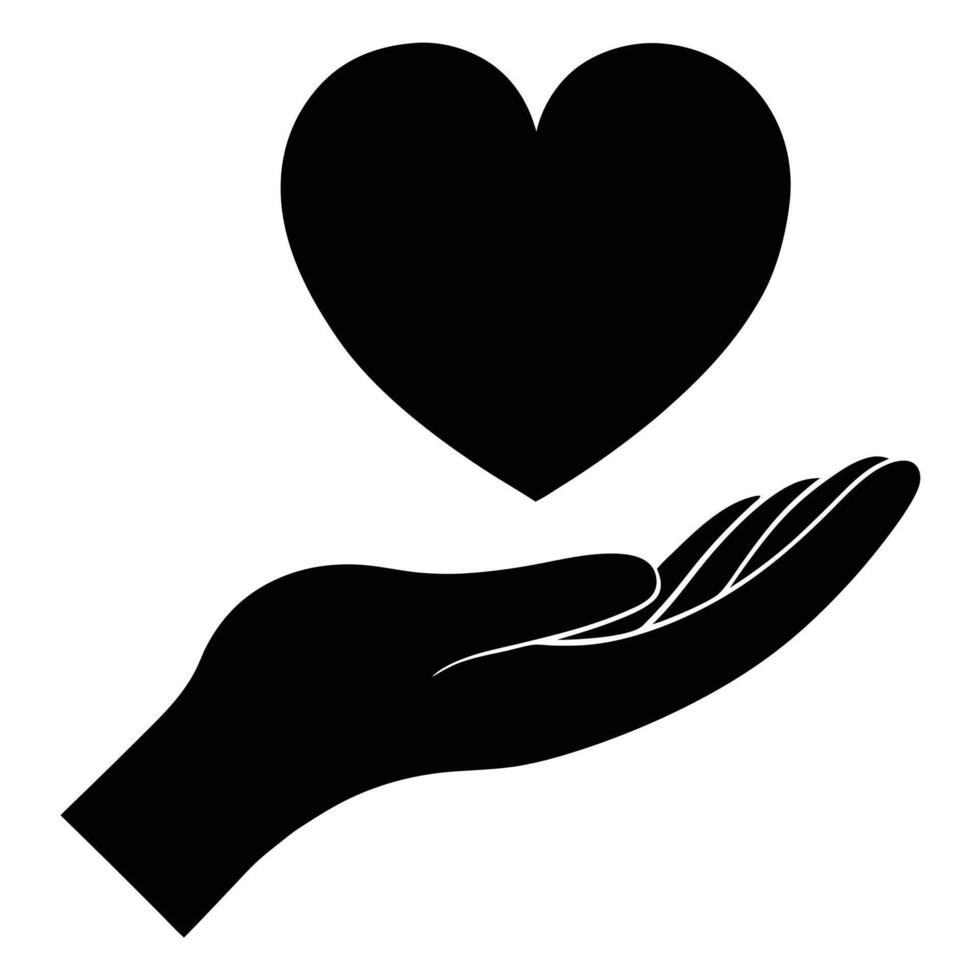Black and white illustration of a hand holding a heart representing love care and support vector