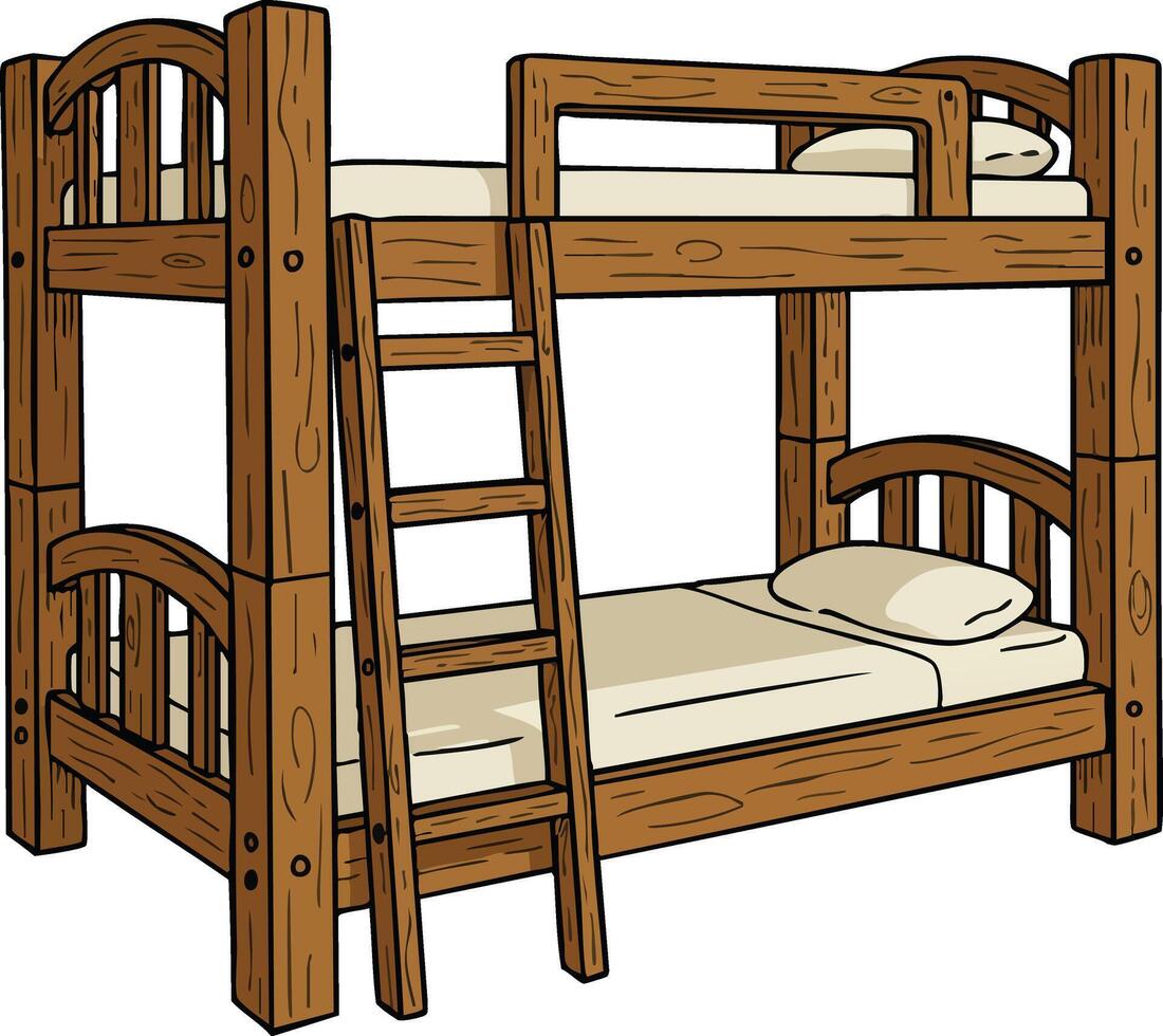 Wooden bunk bed furniture with ladder illustration for bedroom interior design and space saving solution vector