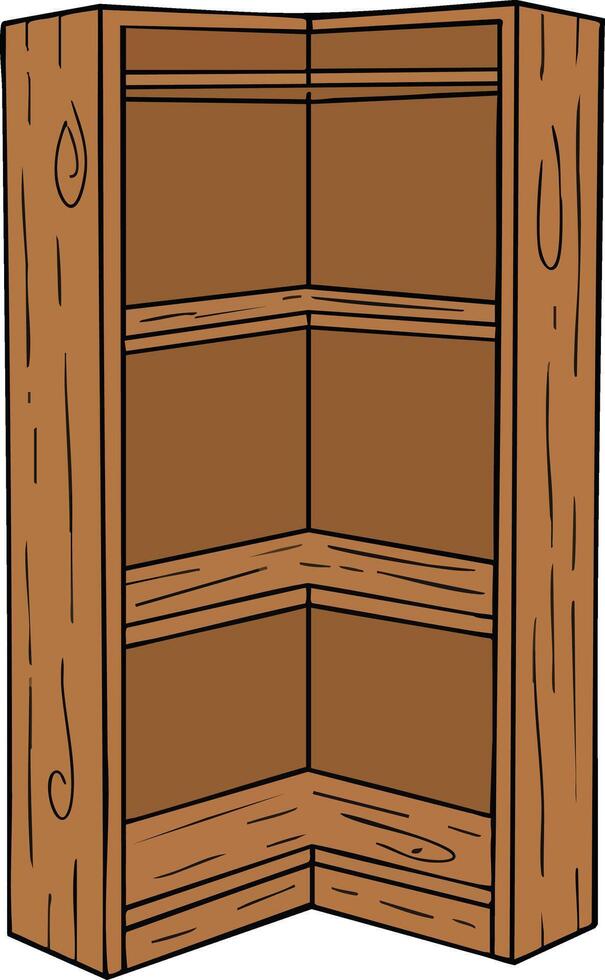 Wooden corner shelf unit with three tiers for home storage and display solutions in natural wood finish vector