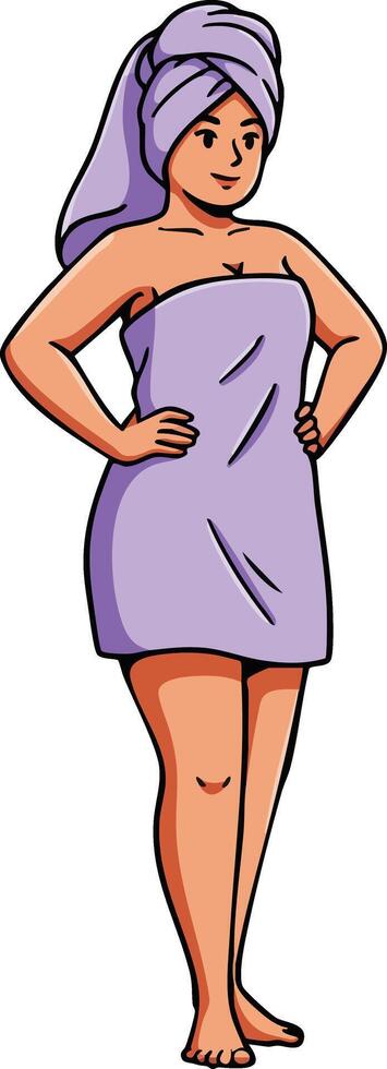 Woman in lilac towel and matching turban after bath standing confidently illustration vector