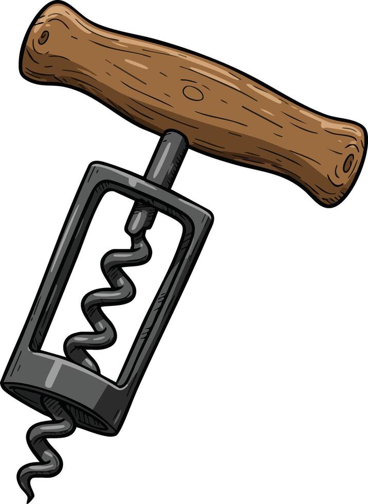 Corkscrew with wooden handle metal spiral opener tool for wine bottles illustration vector