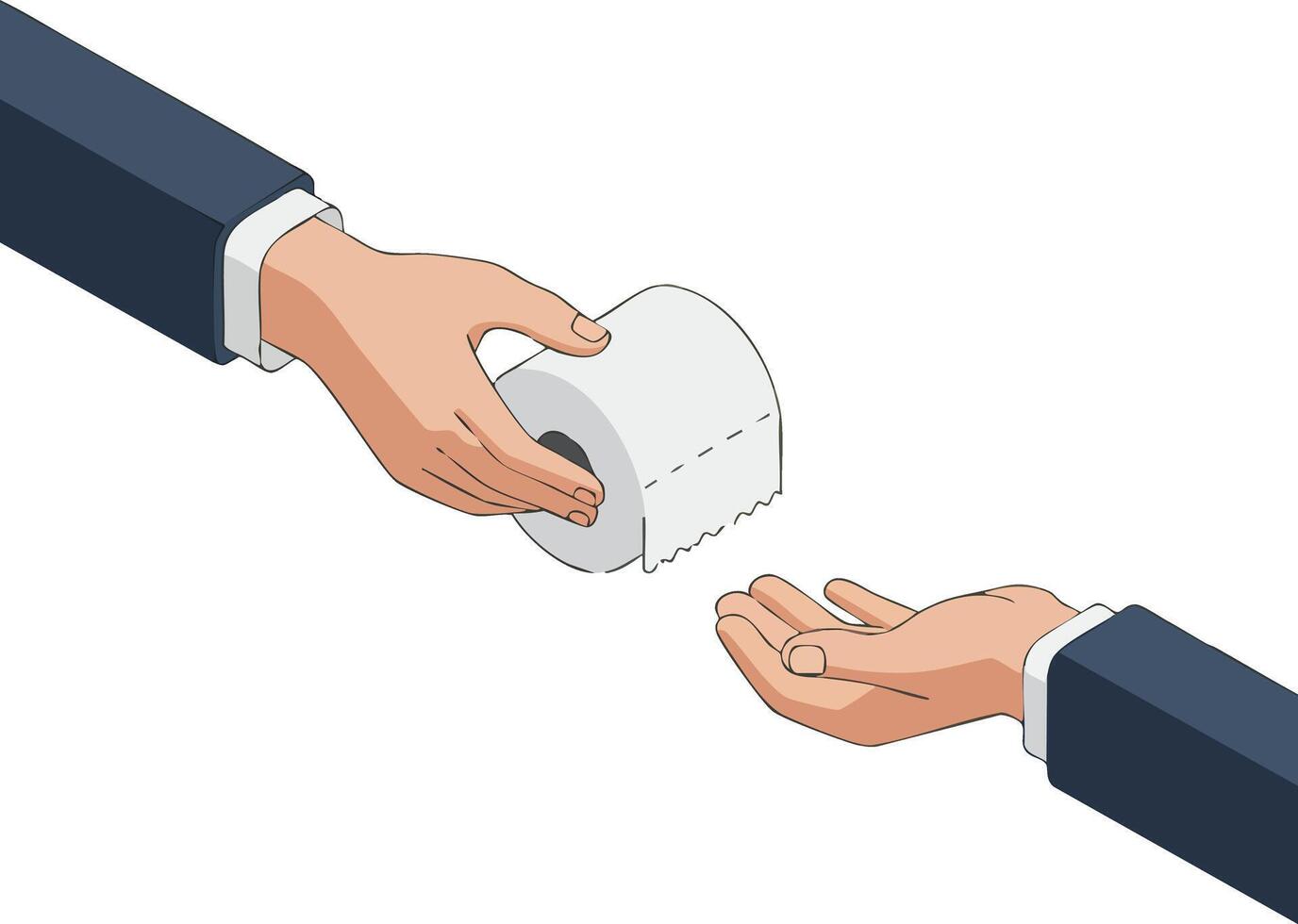 Human hands exchanging white toilet paper roll in isometric style illustration for hygiene and health care concepts vector
