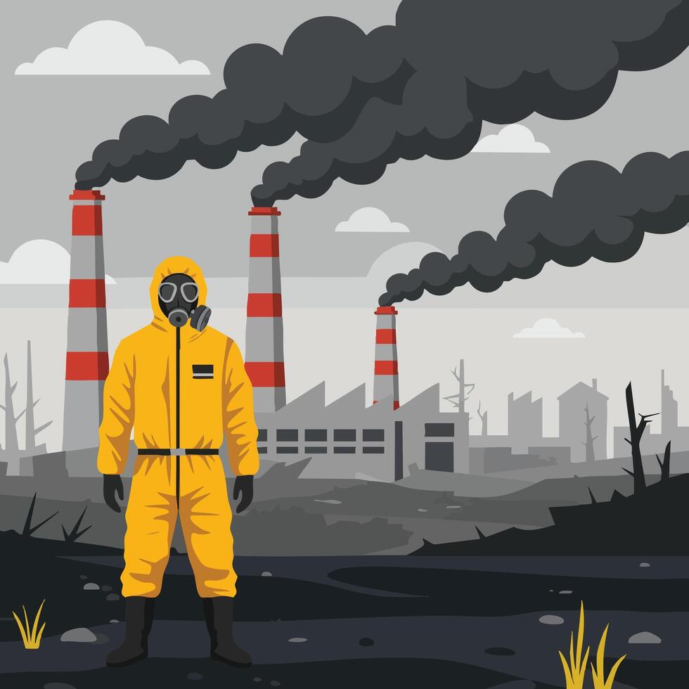 Person in hazmat suit standing near factory with smoking chimneys pollution environmental hazard illustration vector