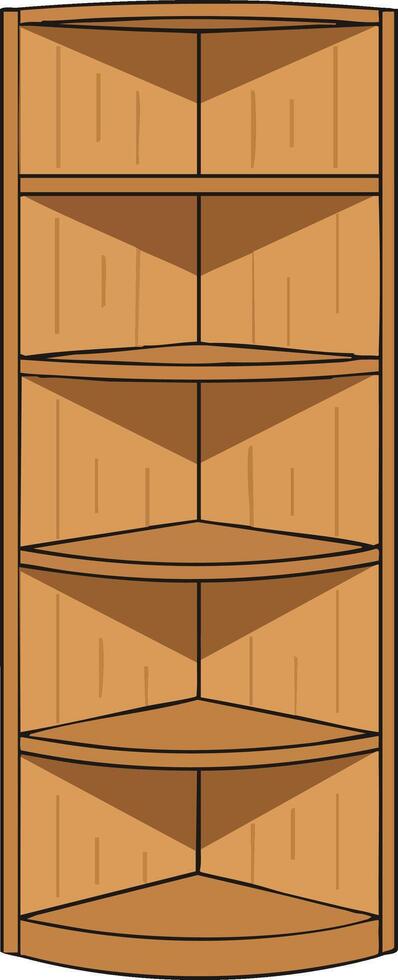 Wooden corner shelf unit with multiple triangular shelves for efficient space use and storage organization vector