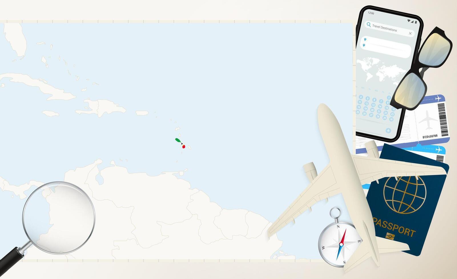 Saint Kitts and Nevis map and flag, cargo plane on the detailed map of Saint Kitts and Nevis with flag. vector