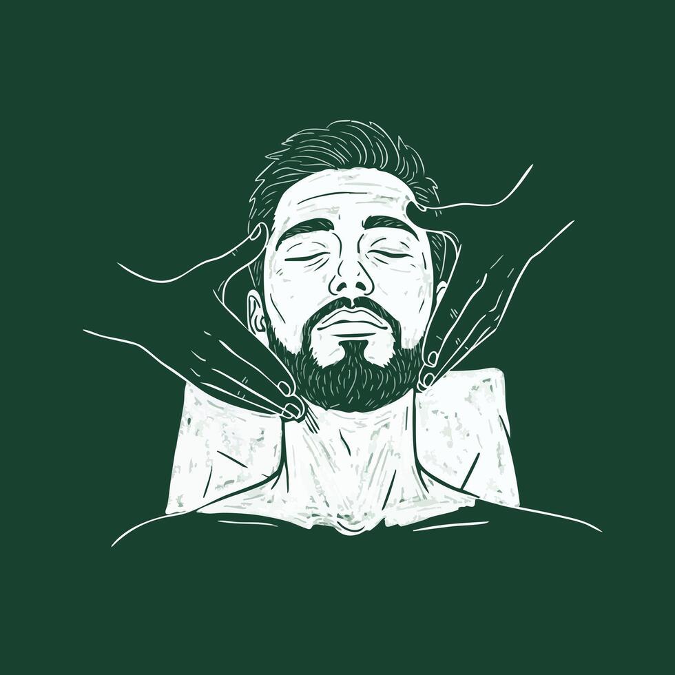 Man receiving relaxing neck massage with closed eyes on dark green background illustration vector