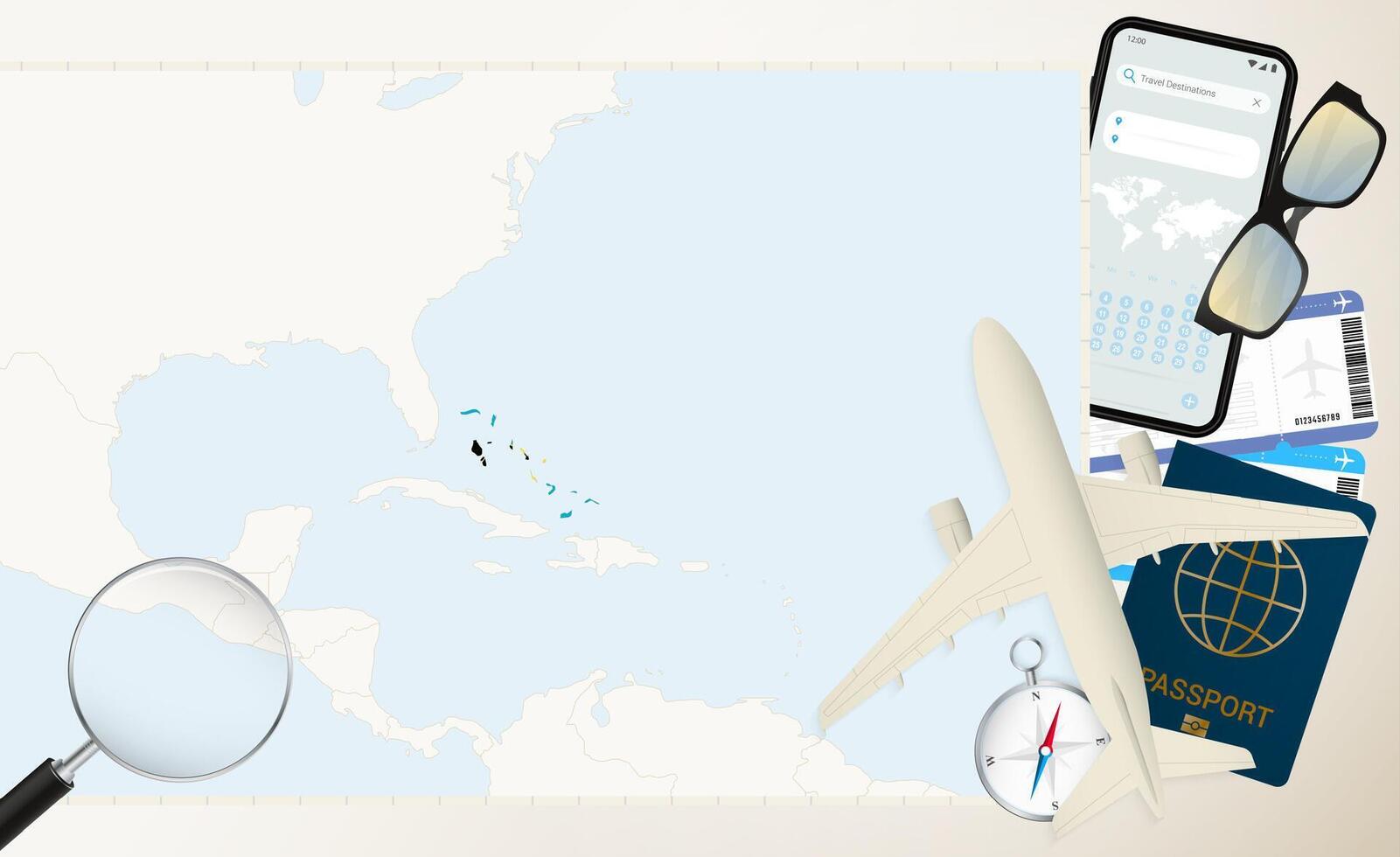 The Bahamas map and flag, cargo plane on the detailed map of The Bahamas with flag. vector