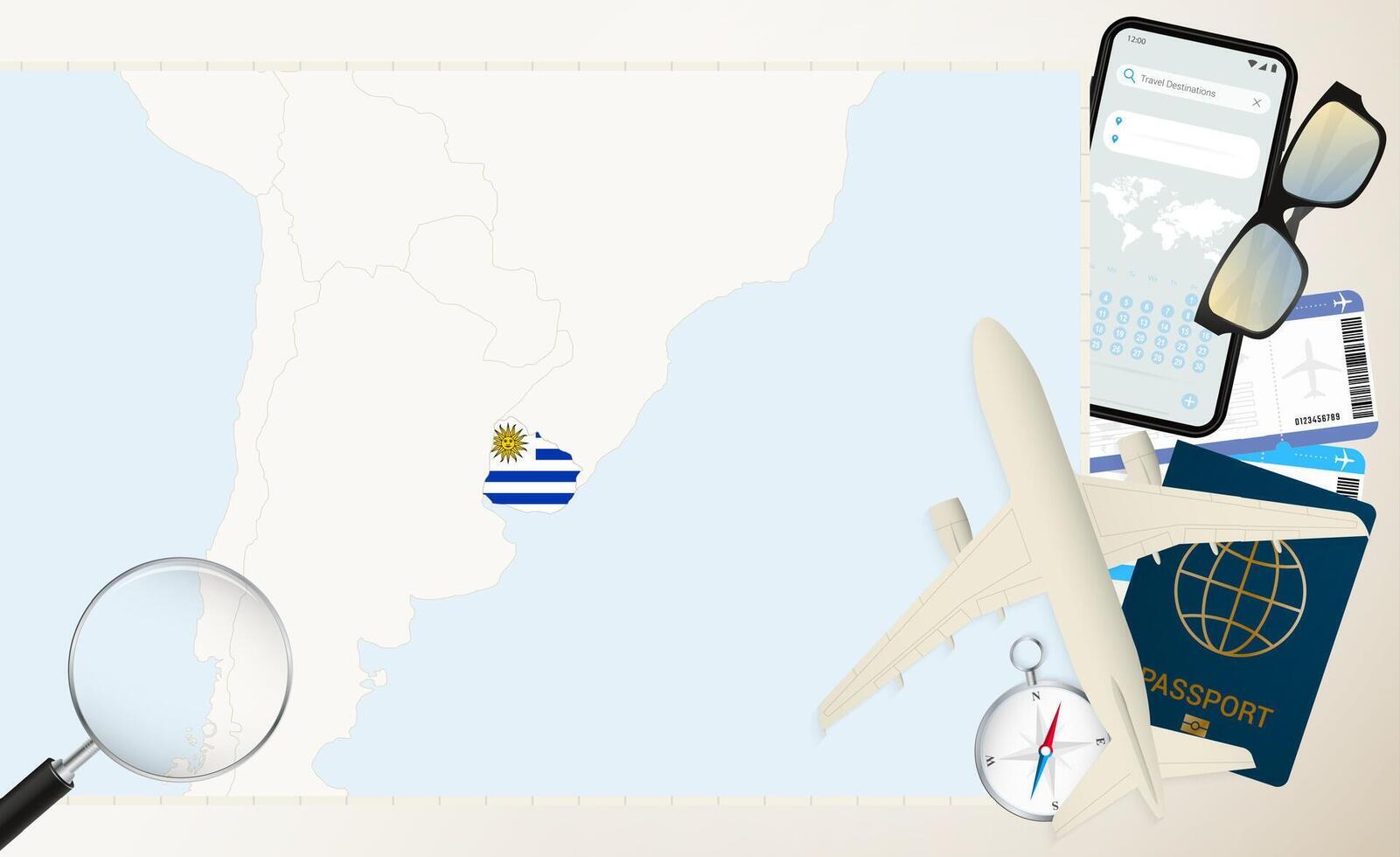 Uruguay map and flag, cargo plane on the detailed map of Uruguay with flag. vector