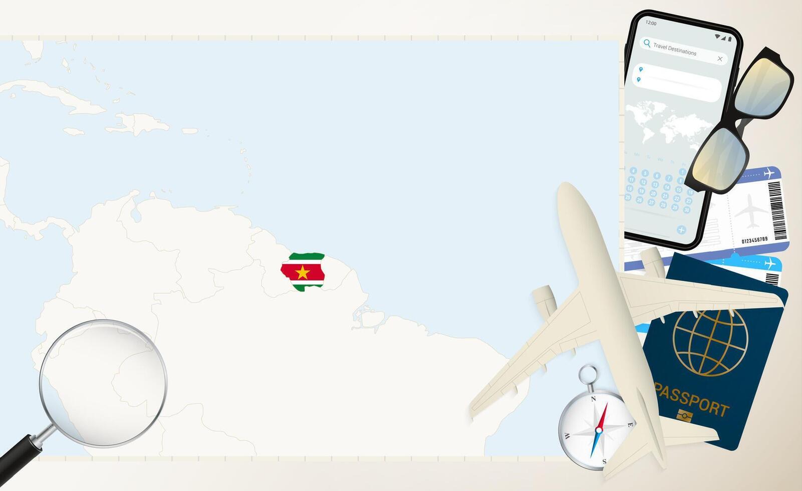 Suriname map and flag, cargo plane on the detailed map of Suriname with flag. vector