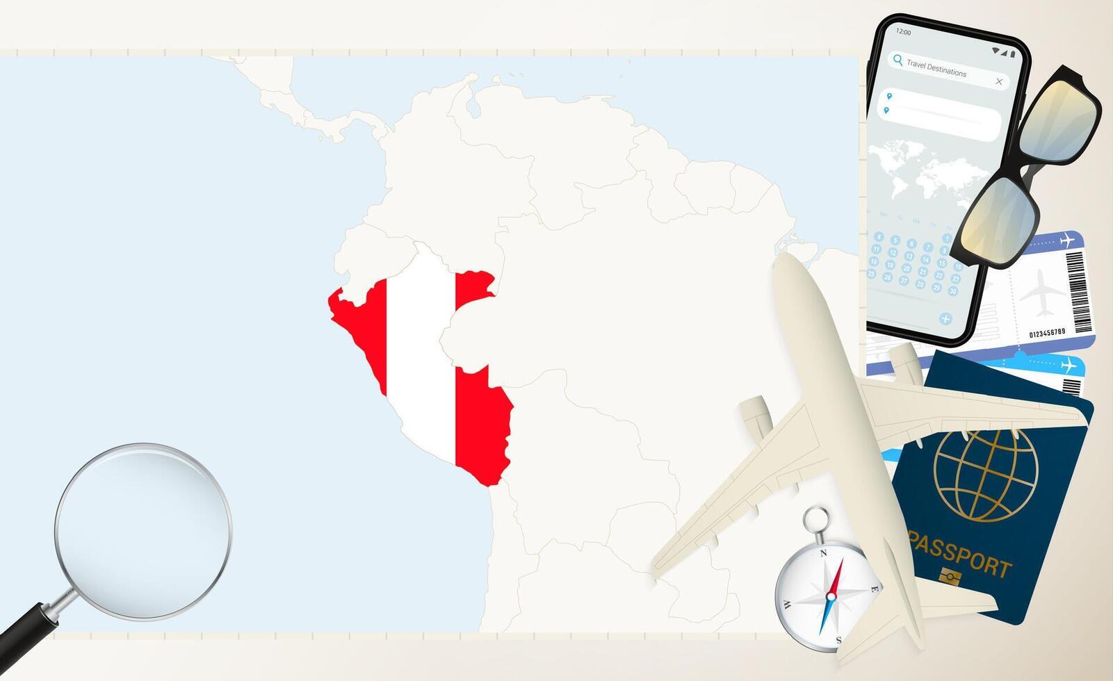 Peru map and flag, cargo plane on the detailed map of Peru with flag. vector