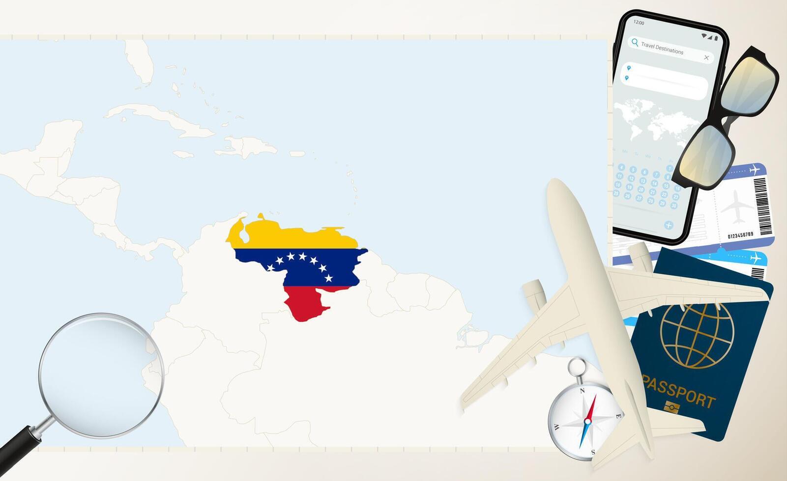 Venezuela map and flag, cargo plane on the detailed map of Venezuela with flag. vector