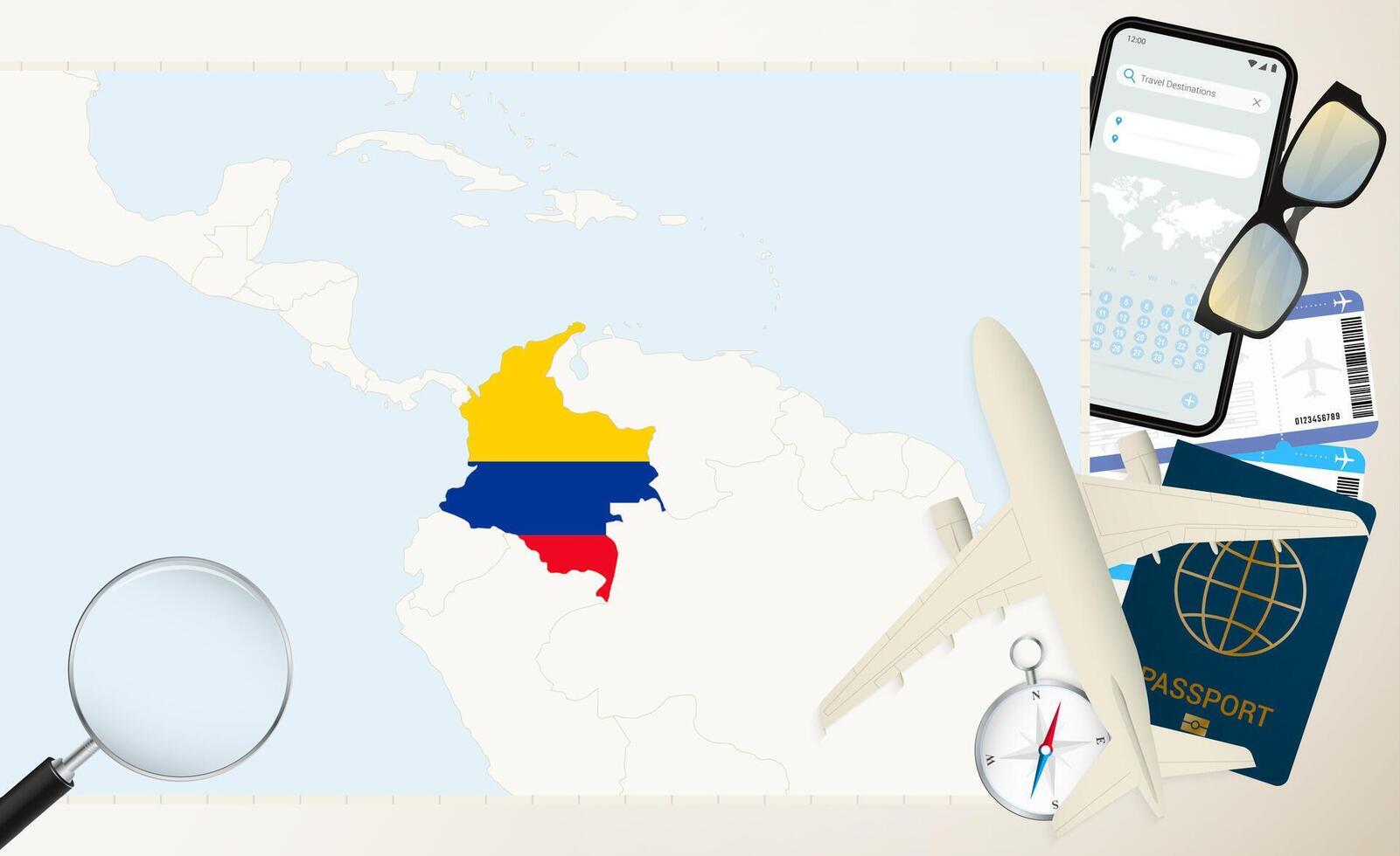 Colombia map and flag, cargo plane on the detailed map of Colombia with flag. vector