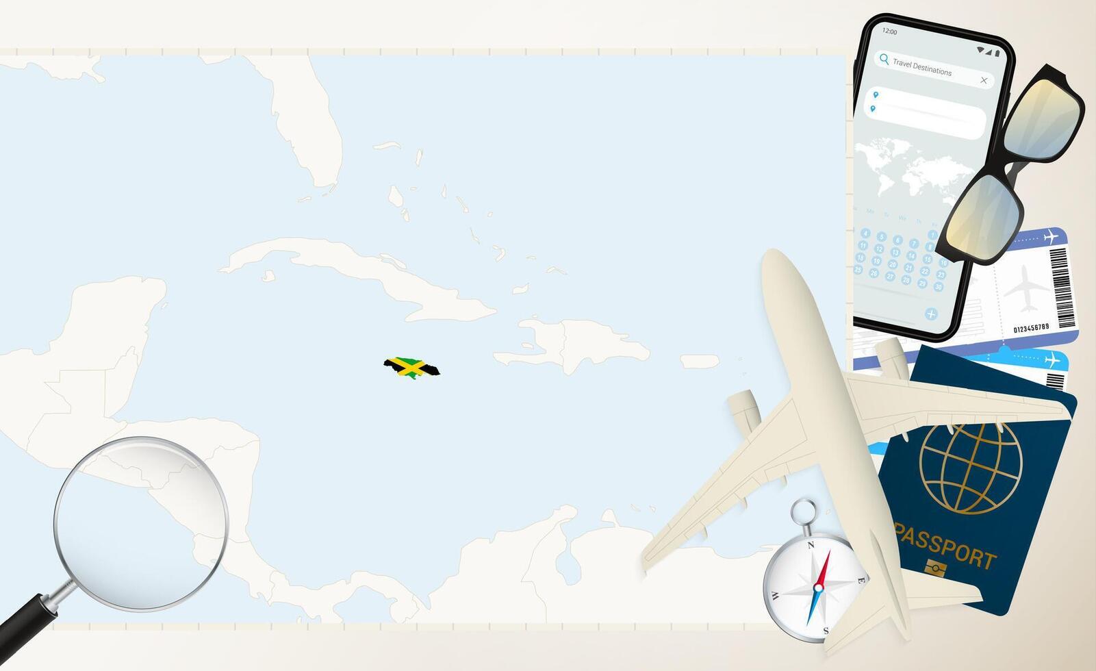 Jamaica map and flag, cargo plane on the detailed map of Jamaica with flag. vector