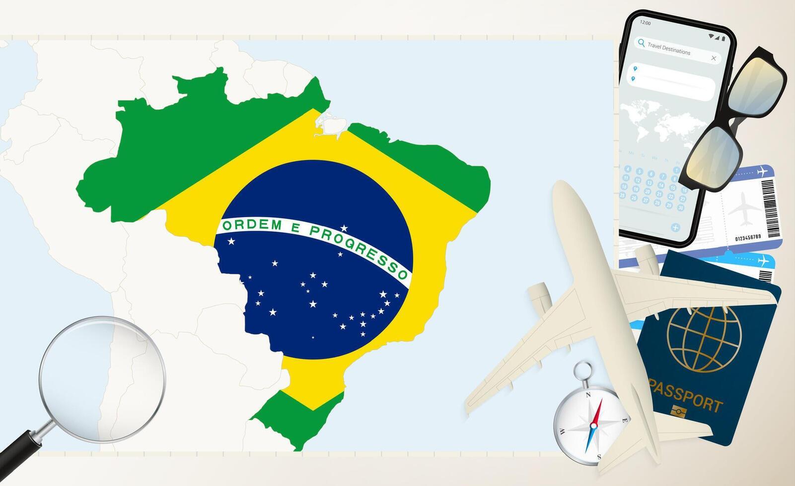 Brazil map and flag, cargo plane on the detailed map of Brazil with flag. vector