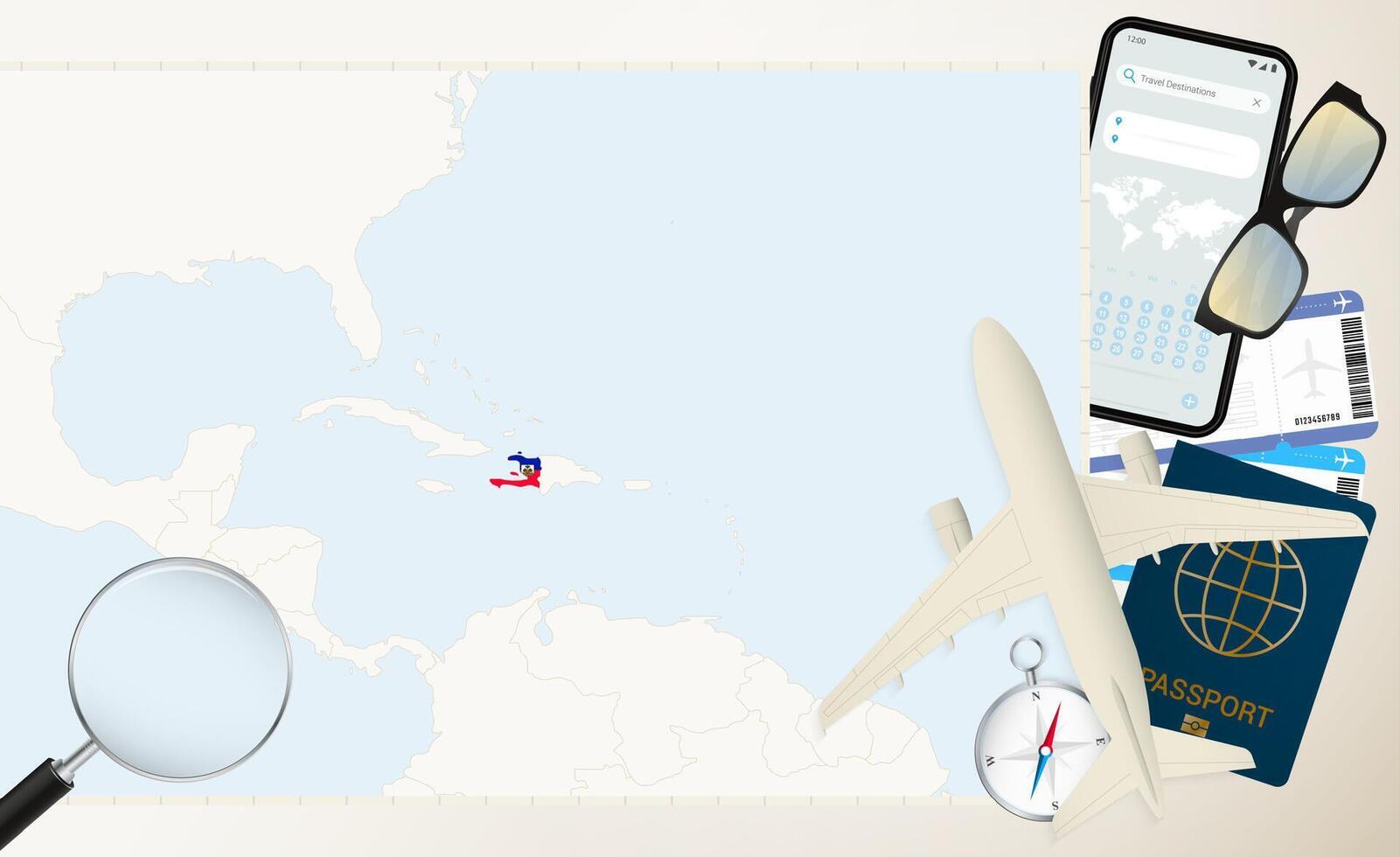 Haiti map and flag, cargo plane on the detailed map of Haiti with flag. vector