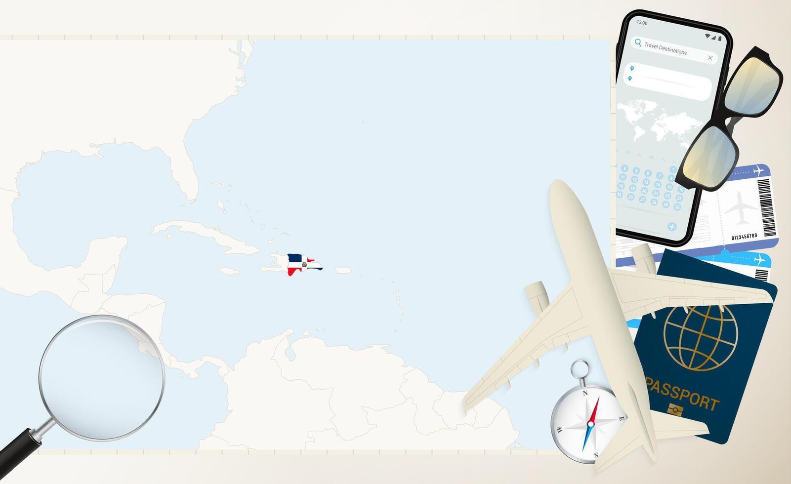 Dominican Republic map and flag, cargo plane on the detailed map of Dominican Republic with flag. vector