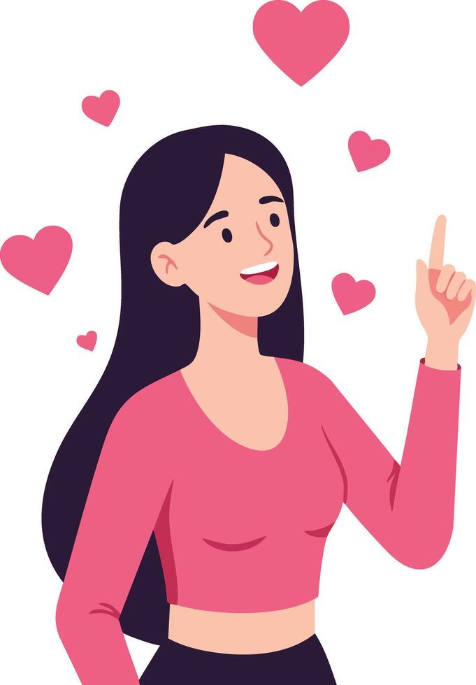 Woman with long dark hair pointing finger with pink hearts floating around expressing love and happiness illustration vector