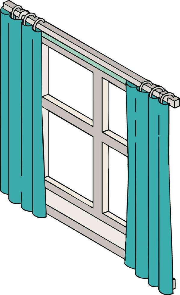 Window with teal curtains and curtain rod isometric home interior design element illustration vector