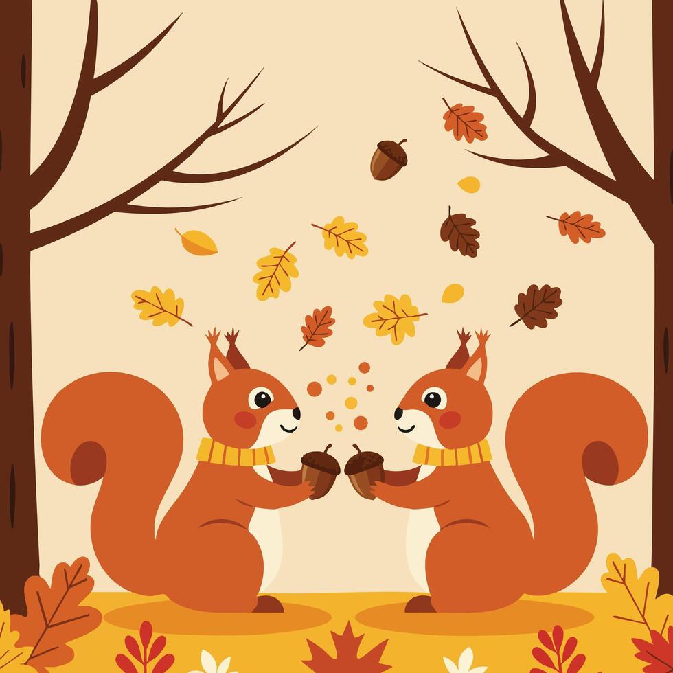 Two playful squirrels holding acorns with falling autumn leaves in forest landscape with bare trees and warm colors illustration vector