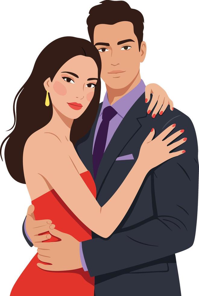 Romantic couple embracing in elegant attire with red dress and dark suit illustration for lifestyle and love themes vector