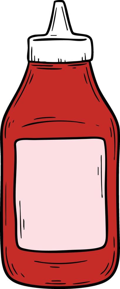Red ketchup sauce bottle illustration with blank label in simple sketch style vector