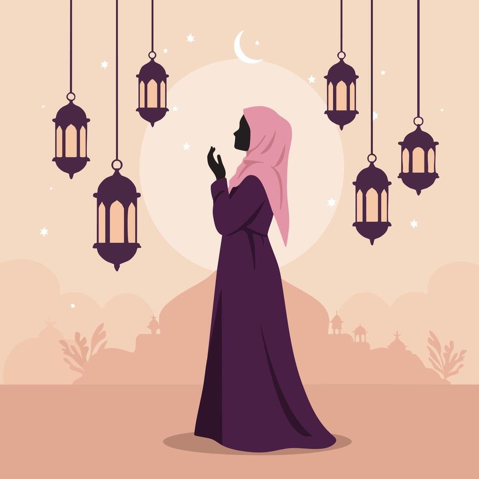 Muslim woman praying in traditional hijab with hanging lanterns and crescent moon in serene evening illustration vector