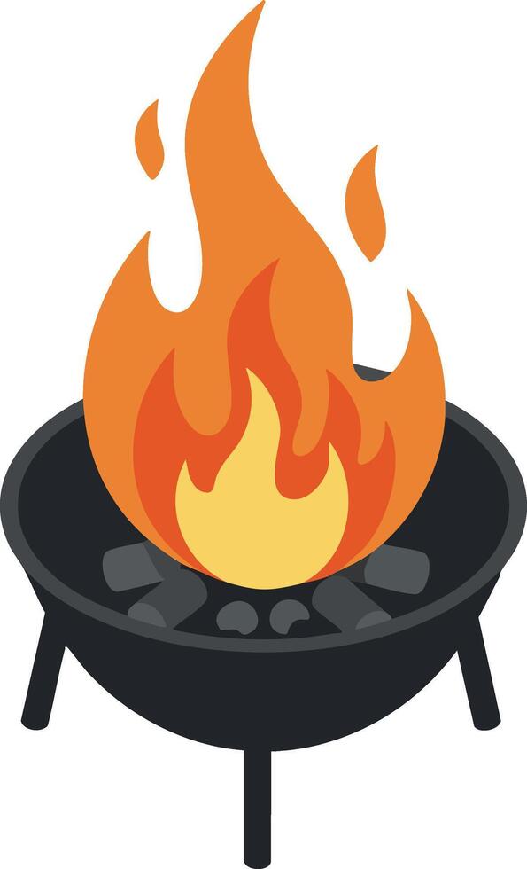Outdoor charcoal grill with bright orange flame illustration for barbecue cooking and leisure activities vector