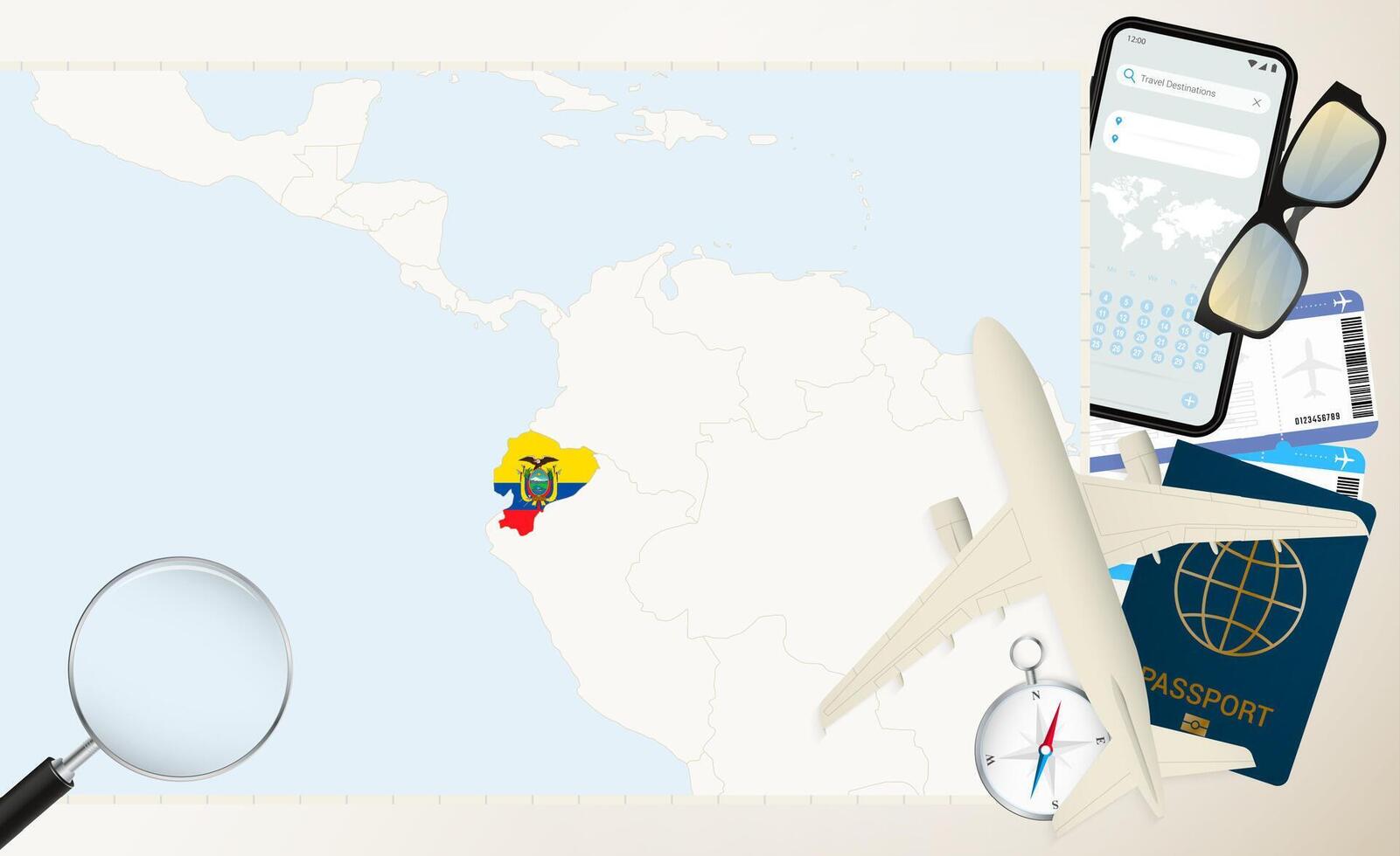 Ecuador map and flag, cargo plane on the detailed map of Ecuador with flag. vector