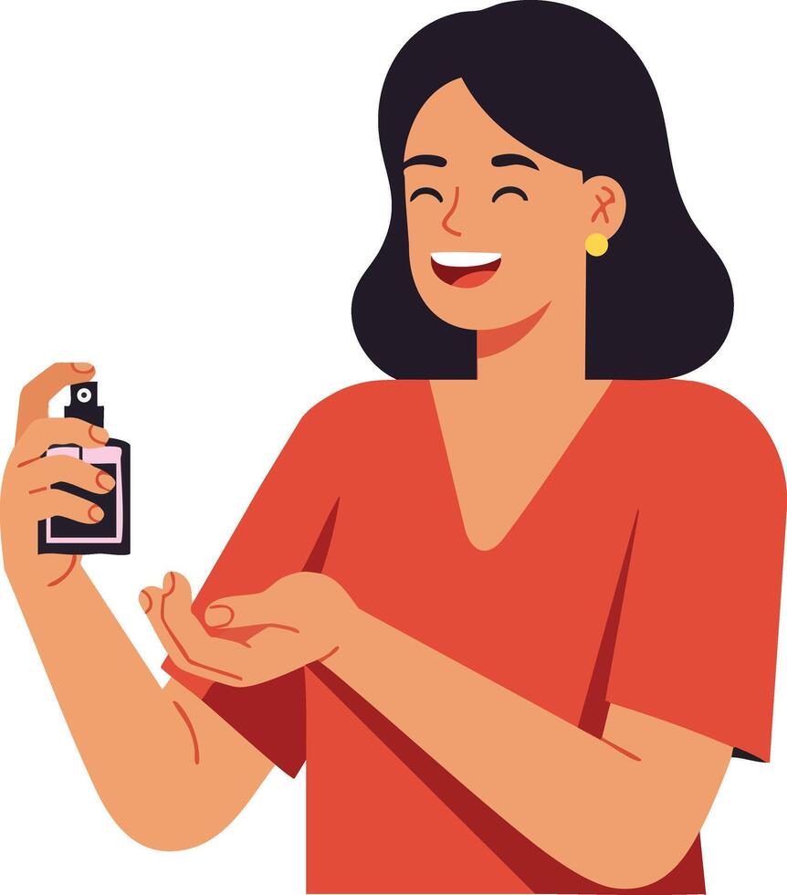 Woman applying perfume with spray bottle in casual red top smiling happily illustration vector