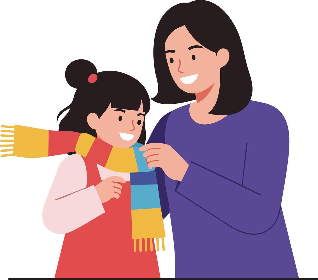 Mother tying colorful scarf for smiling daughter in cold weather family care and warmth concept illustration vector