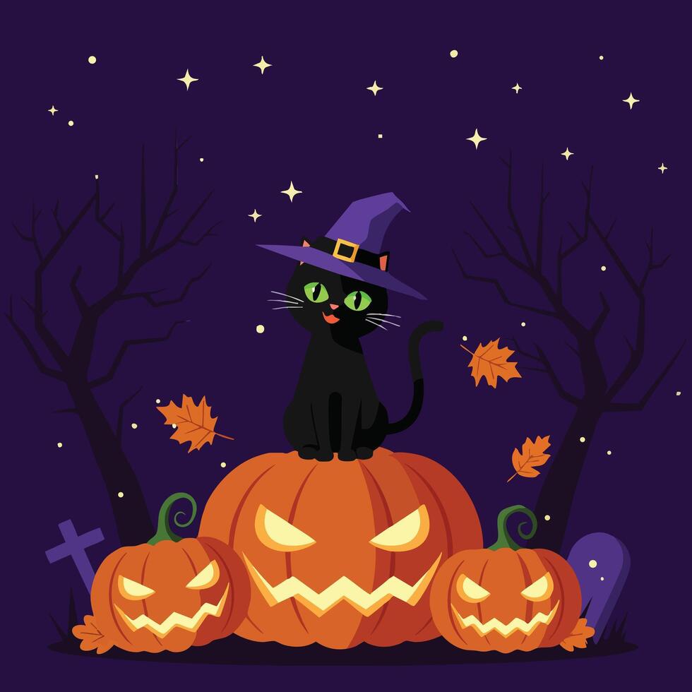 Black cat with witch hat sitting on glowing jack-o-lanterns with autumn leaves and spooky night sky illustration Halloween theme vector