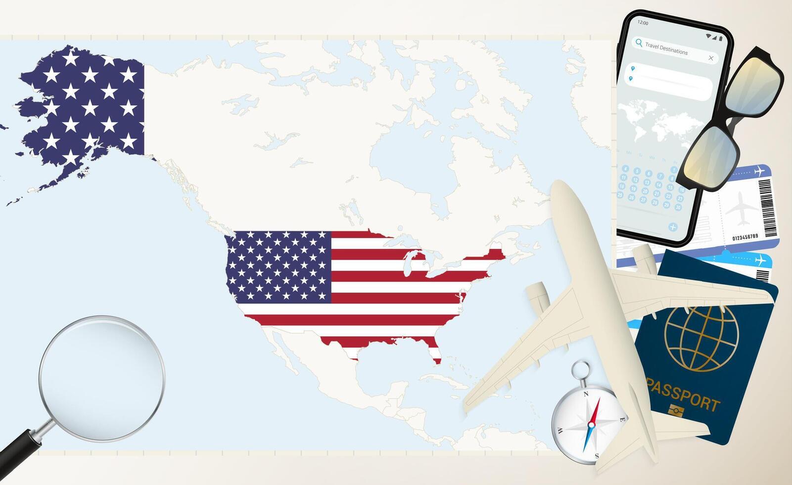 USA map and flag, cargo plane on the detailed map of USA with flag. vector