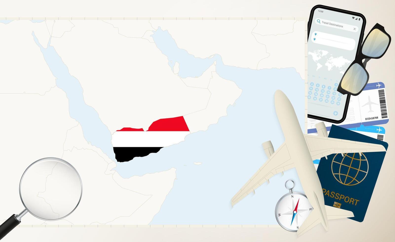 Yemen map and flag, cargo plane on the detailed map of Yemen with flag. vector