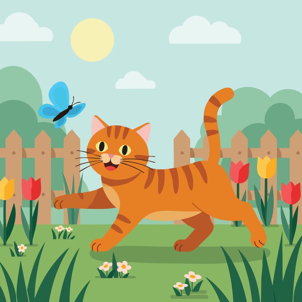 Orange tabby cat playing with blue butterfly in garden with tulips and flowers on sunny day illustration vector