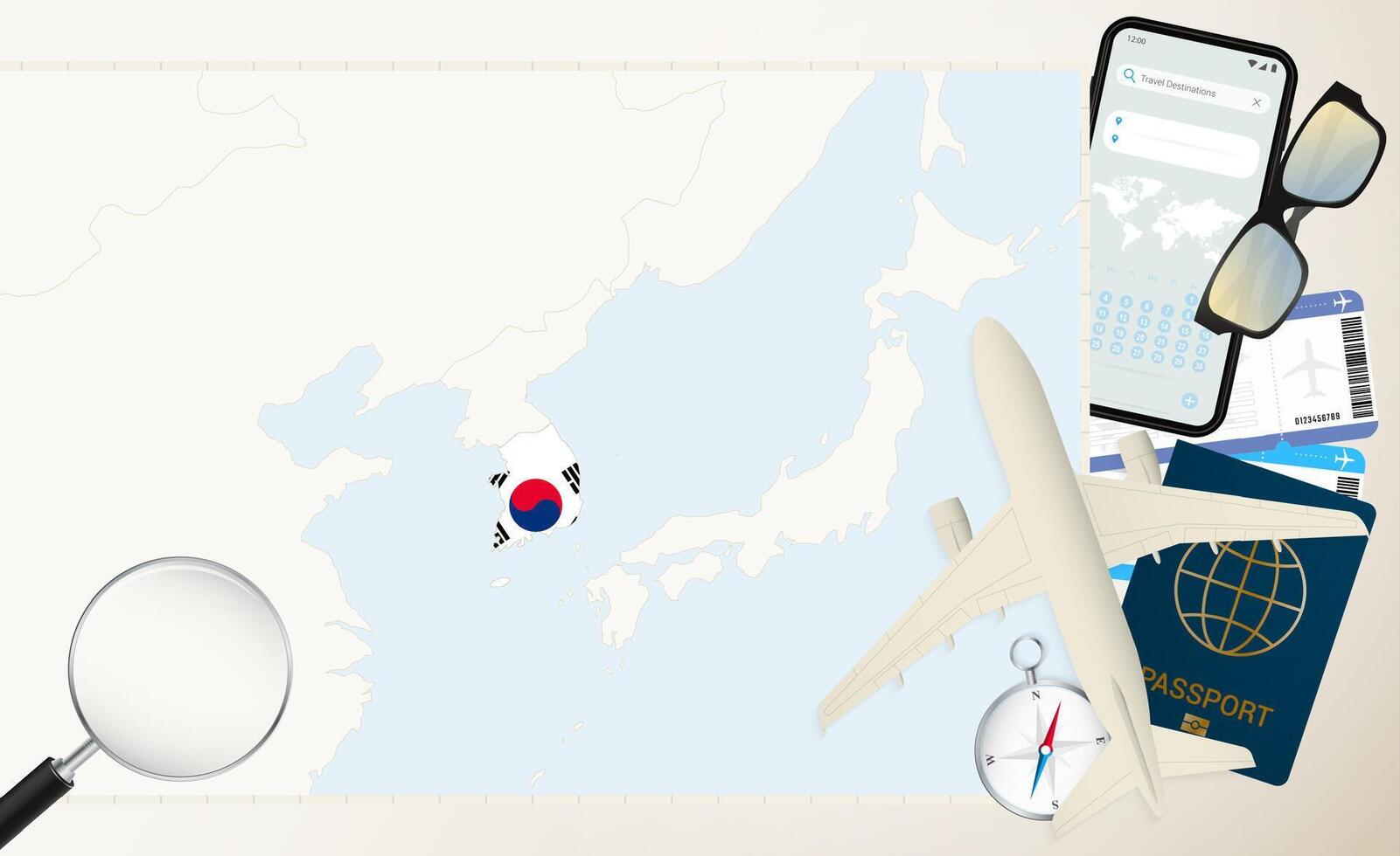 South Korea map and flag, cargo plane on the detailed map of South Korea with flag. vector