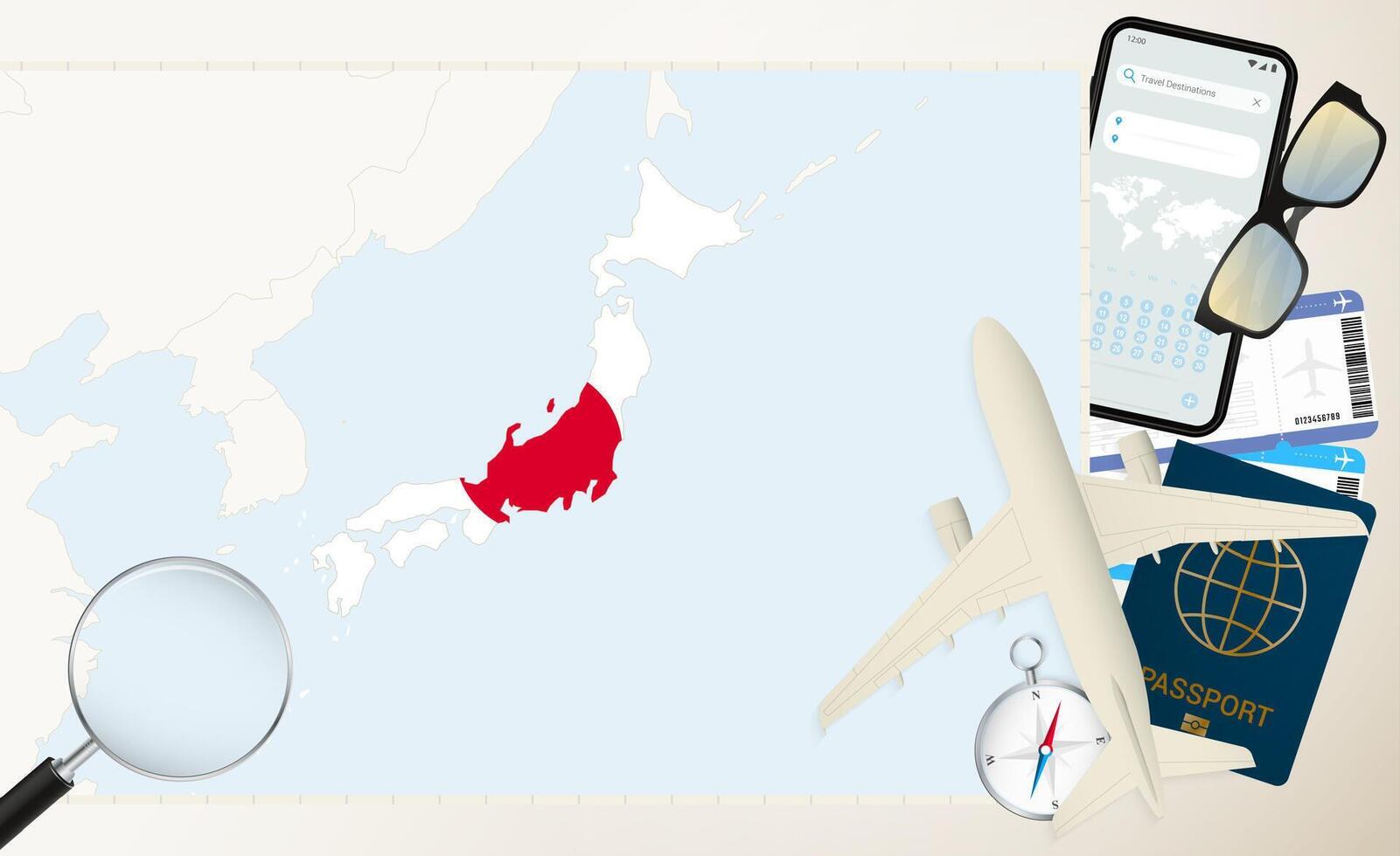 Japan map and flag, cargo plane on the detailed map of Japan with flag. vector